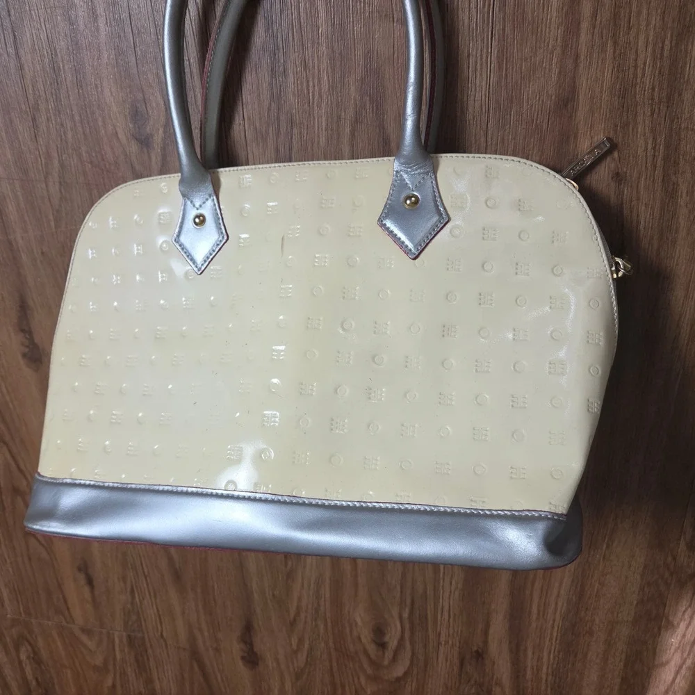 Arcadia Patent Leather Monogram All Over Embossed Satchel Handbag Cream Retro